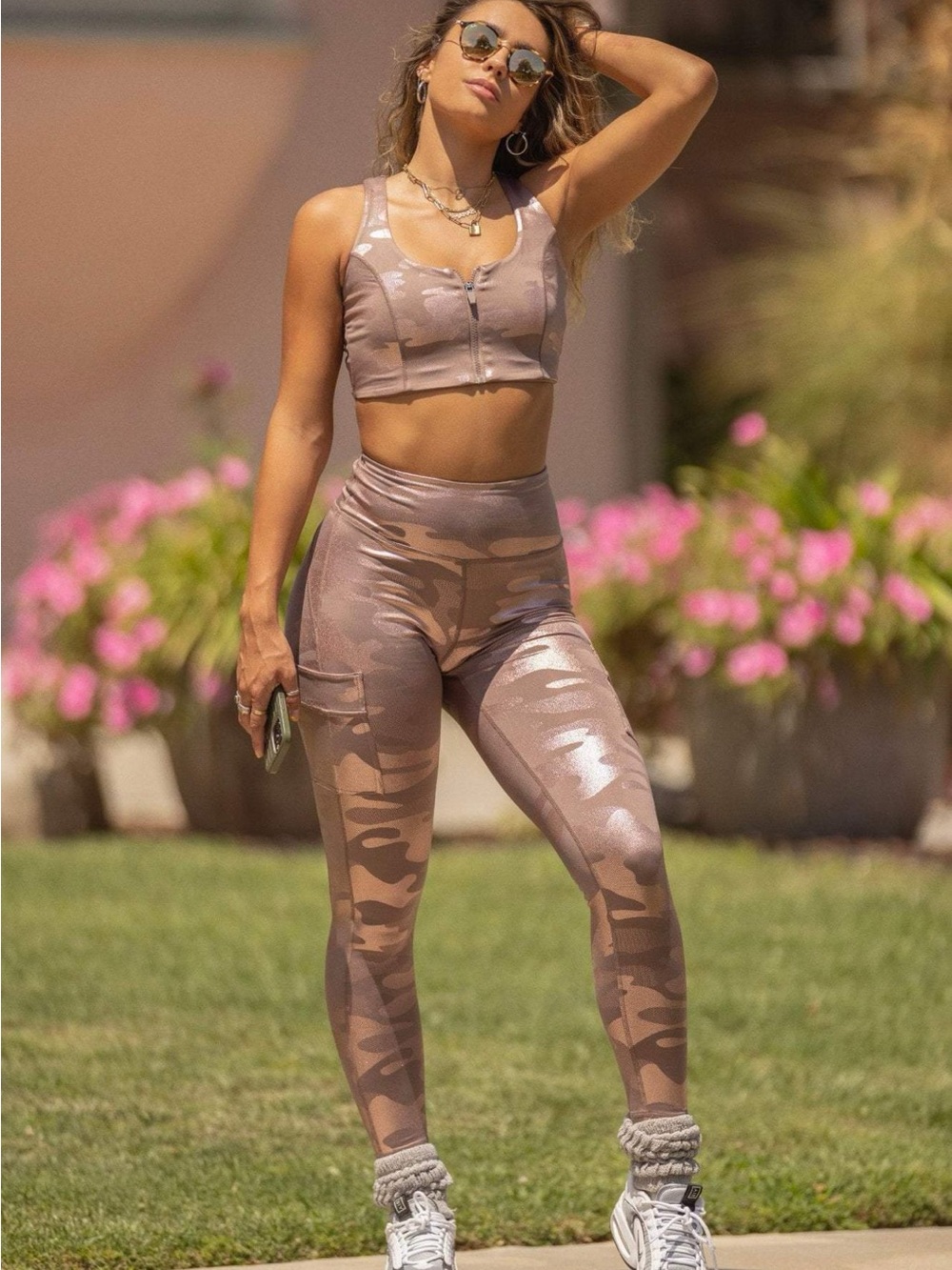 🩷 High-Rise Camo Leggings Crop Top Set Rose Gold Workout Sports Gym Sommer Ray